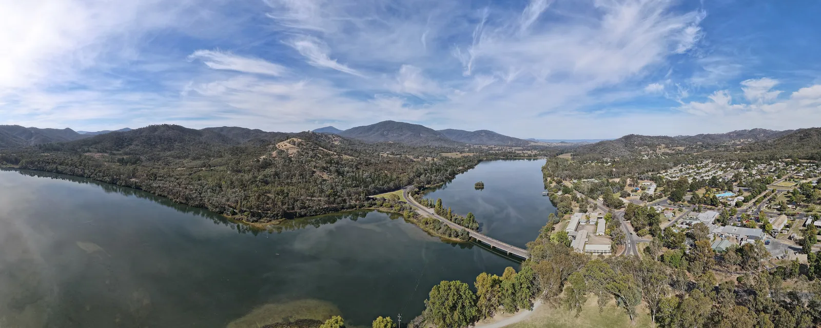 Lake Eildon National Park seen from above, forested ridges running down to the water