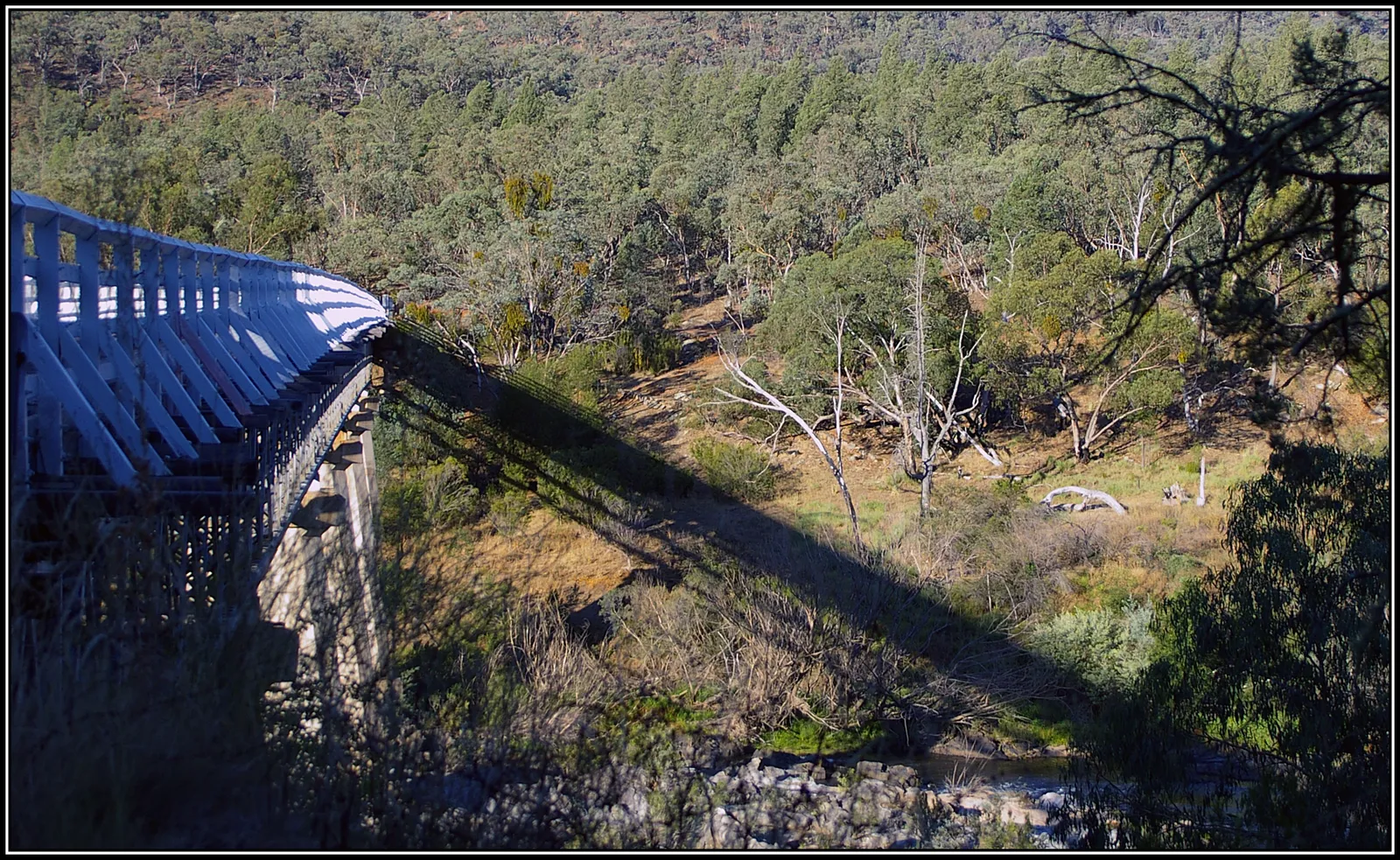 McKillops Bridge spanning the Snowy River, with steep bush slopes on both banks