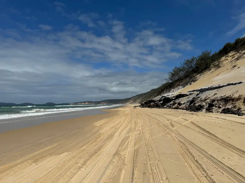 Tyre tracks across a sandy beach under a clear sky