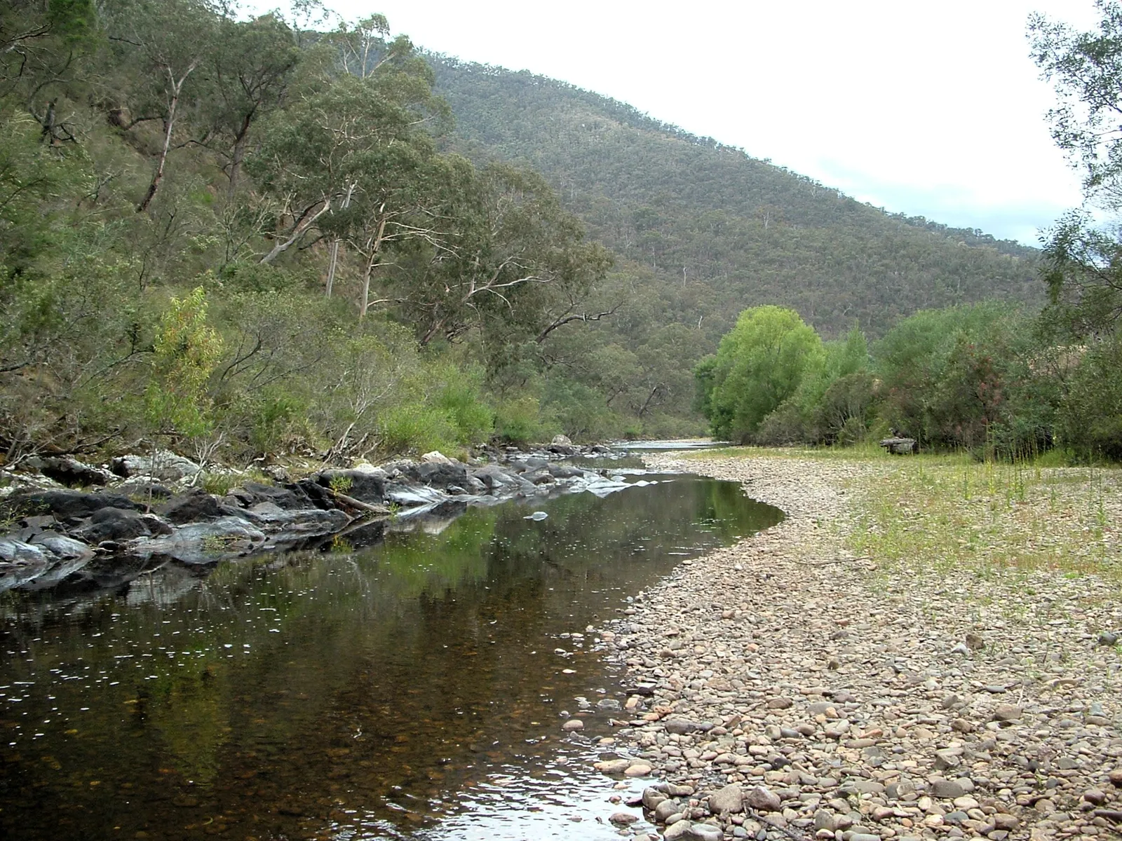 The Wonnangatta River running over a shallow gravel bed at Waterford, near Dargo