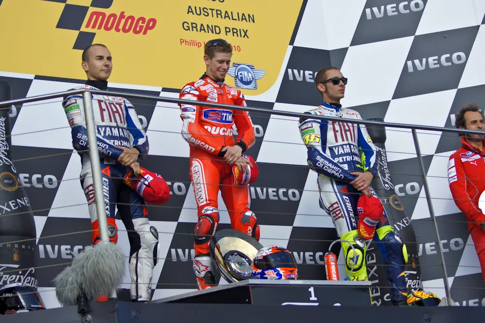Three MotoGP riders on the podium at the 2010 Australian Grand Prix
