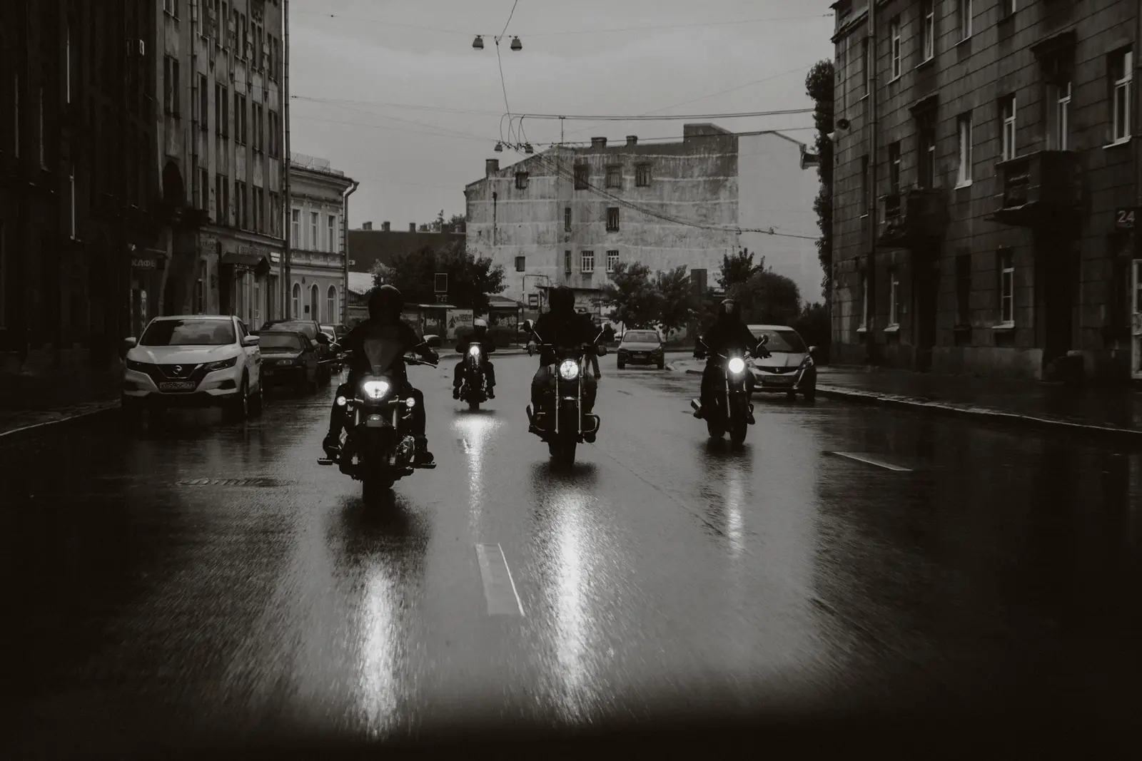 A motorcycle on a city street at night