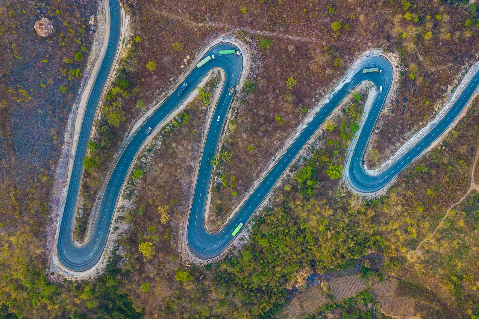 A road looping through tight hairpin bends