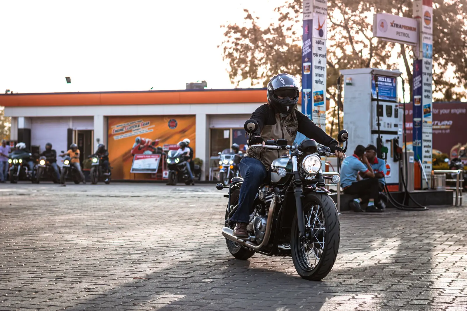 A motorcycle at a fuel stop
