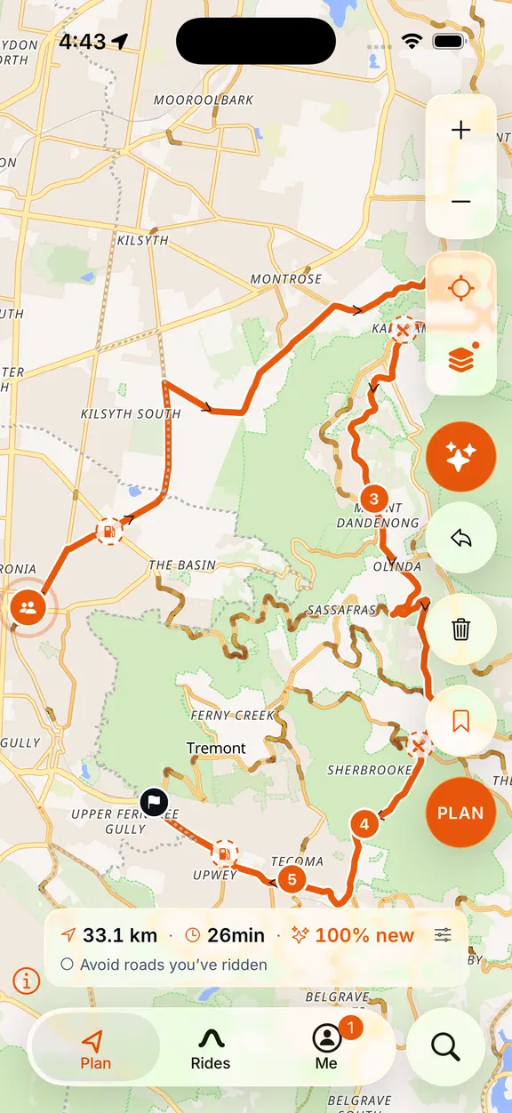 The MotoRidez planner with a curvy route drawn between two pins