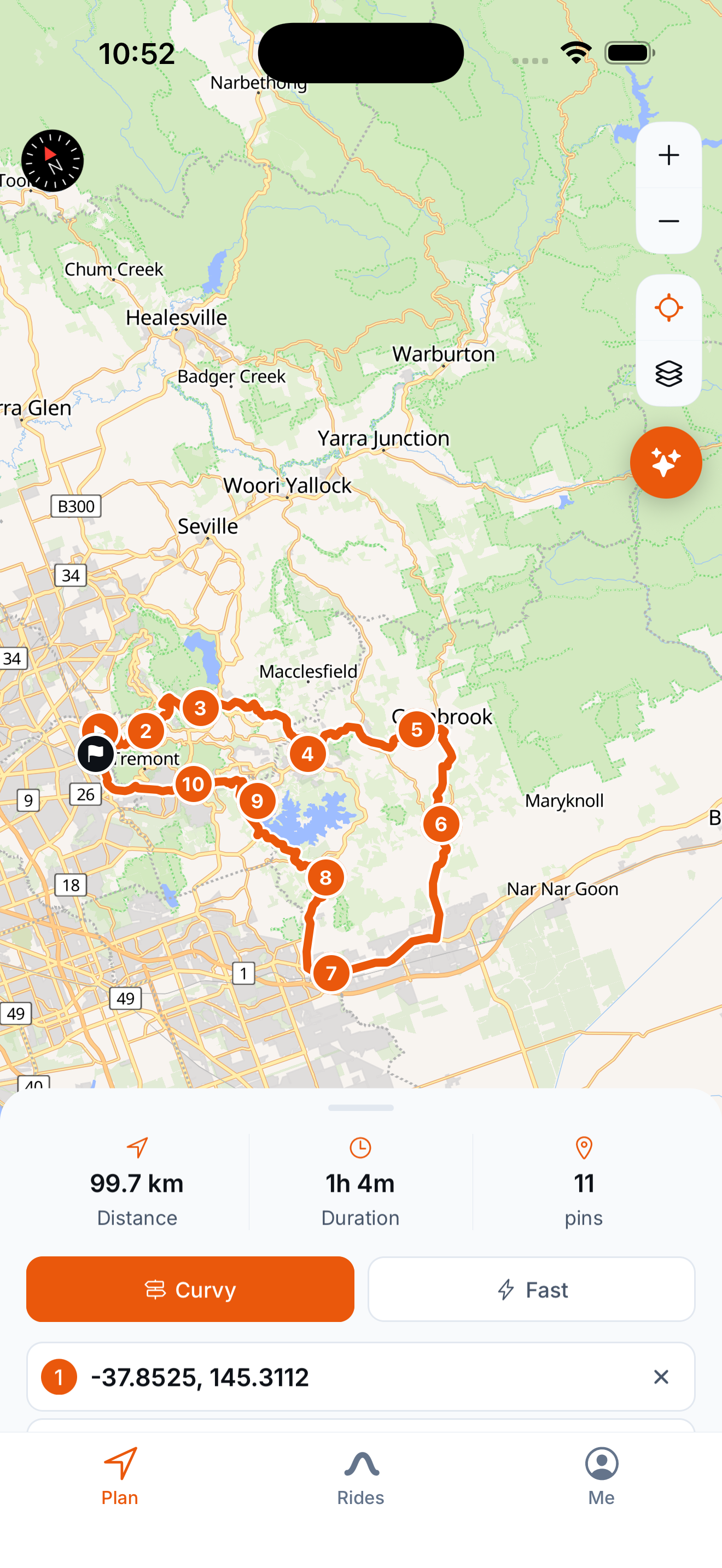 Motoridez planner showing a curvy 11-pin route through the Yarra Valley