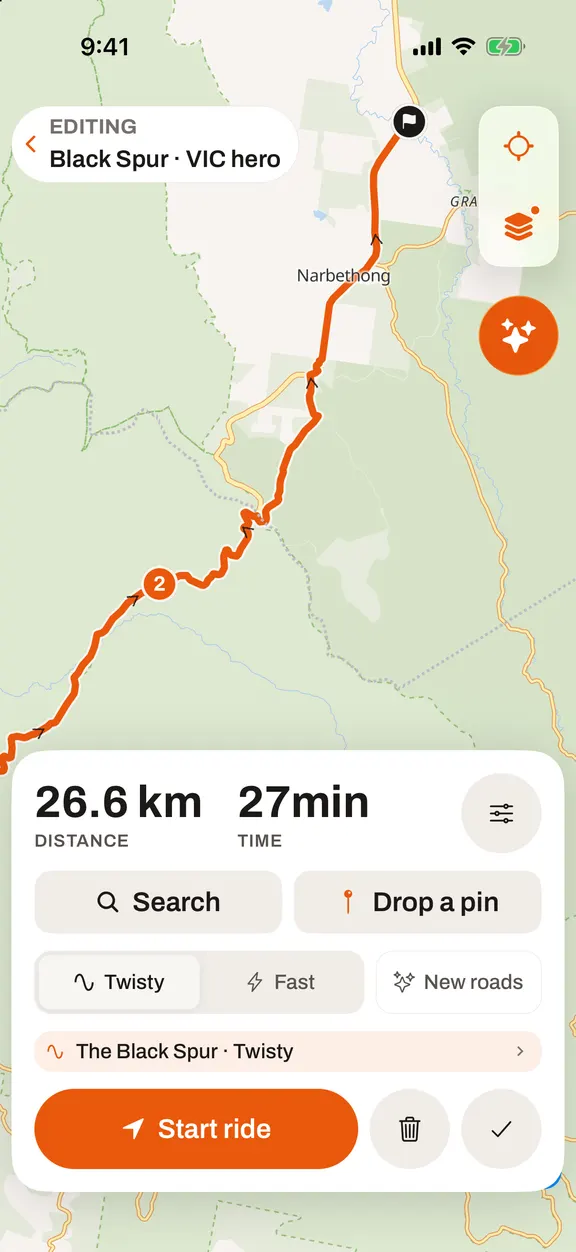 The MotoRidez planner with the Black Spur loaded as a curvy route