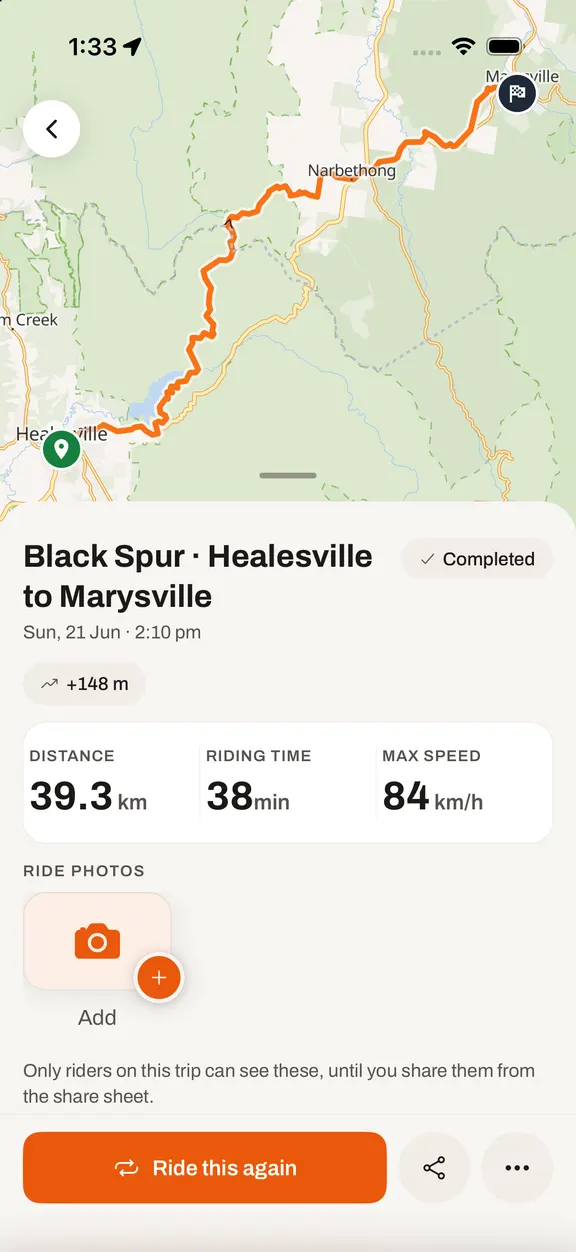 The post-ride review with distance, corners and lean angle