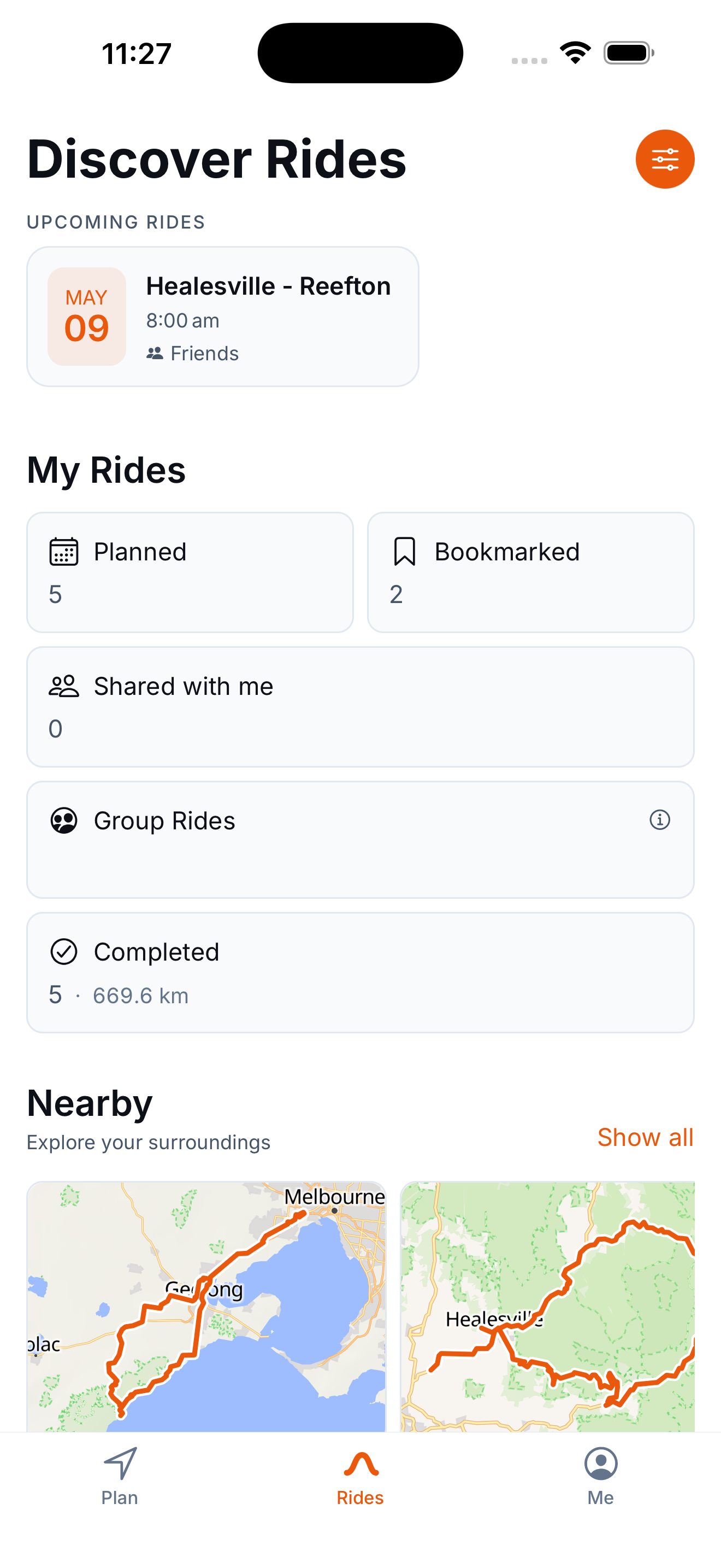 Motoridez rides hub showing planned, completed and nearby rides