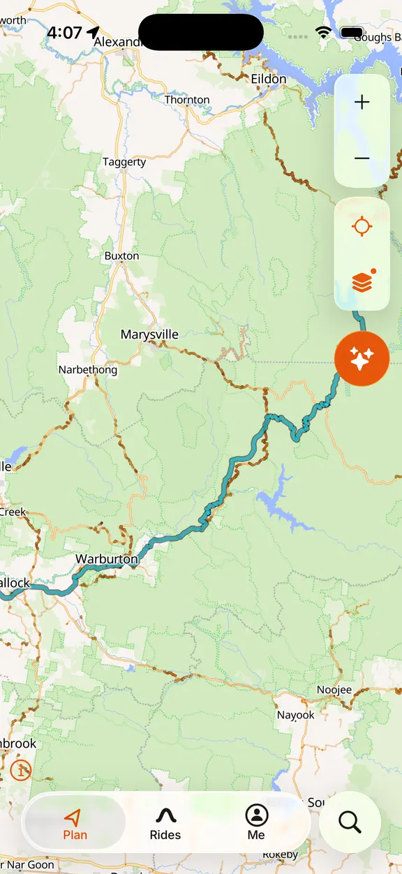 The MotoRidez map with ridden roads drawn in orange over the unridden grey network