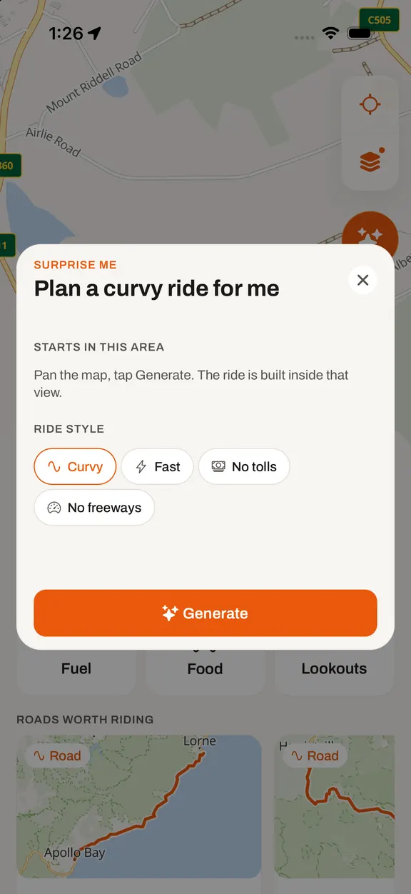 The Surprise Me screen generating a loop trip from the current location